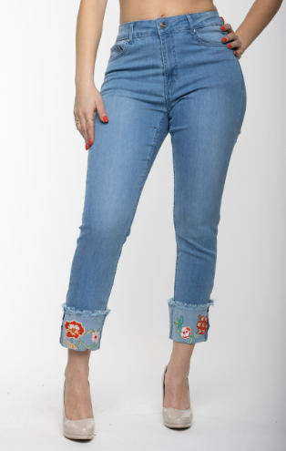 Carreli Jeans® | Angela Fit Cuff Ankle Length with Flower Embroideries in Bleach Wash