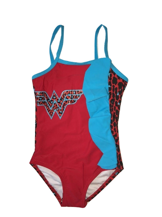 LC Boutique Toddler Girls One Piece Wonder Woman Swimsuit with Animal Print Ruffles in Sizes 2T to 4T