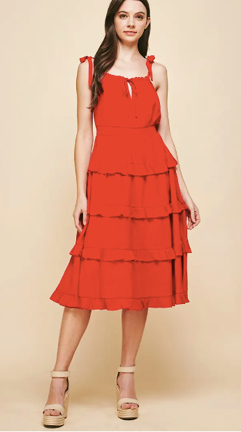 Tie Strap Ruffle Detail Dress - Red by Pinch
